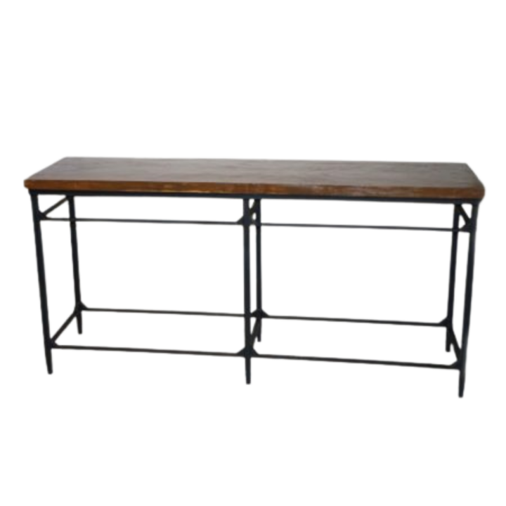 Cambo console table with walnut parquet wood top and black metal frame, 71 inches long