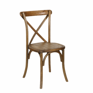 Cross Back Chair in antique wood finish featuring a curved backrest and signature “X” cross design.