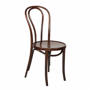 Bentwood Chair in walnut finish featuring a gracefully curved backrest and round wooden seat. This classic European café-style chair combines timeless design with warm wood tones, ideal for weddings, dining setups, and event lounges.