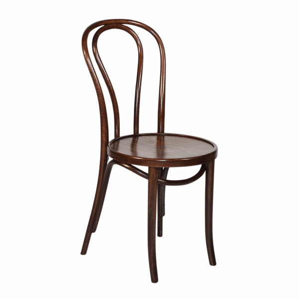 Bentwood Chair in walnut finish featuring a gracefully curved backrest and round wooden seat. This classic European café-style chair combines timeless design with warm wood tones, ideal for weddings, dining setups, and event lounges.