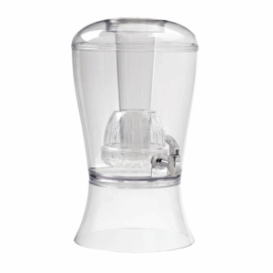 Clear acrylic beverage dispenser with a 3-gallon capacity, curved hourglass shape, and built-in spout for easy pouring. Designed for serving water, tea, or infused drinks at catered events and gatherings.