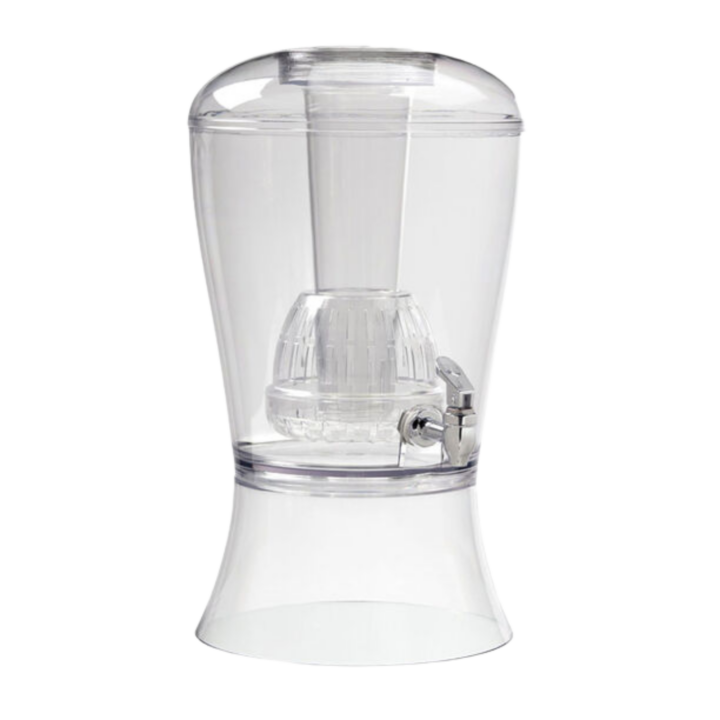 Clear acrylic beverage dispenser with a 3-gallon capacity, curved hourglass shape, and built-in spout for easy pouring. Designed for serving water, tea, or infused drinks at catered events and gatherings.