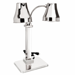 Polished stainless steel dual heat lamp with two adjustable lamp heads and square base, commercial food warming lamp