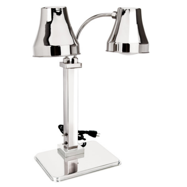 Polished stainless steel dual heat lamp with two adjustable lamp heads and square base, commercial food warming lamp
