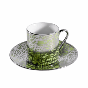 Flora Green demitasse cup and saucer featuring a modern green and silver geometric pattern with metallic detailing and a sleek handle — a stylish set for espresso or after-dinner service.