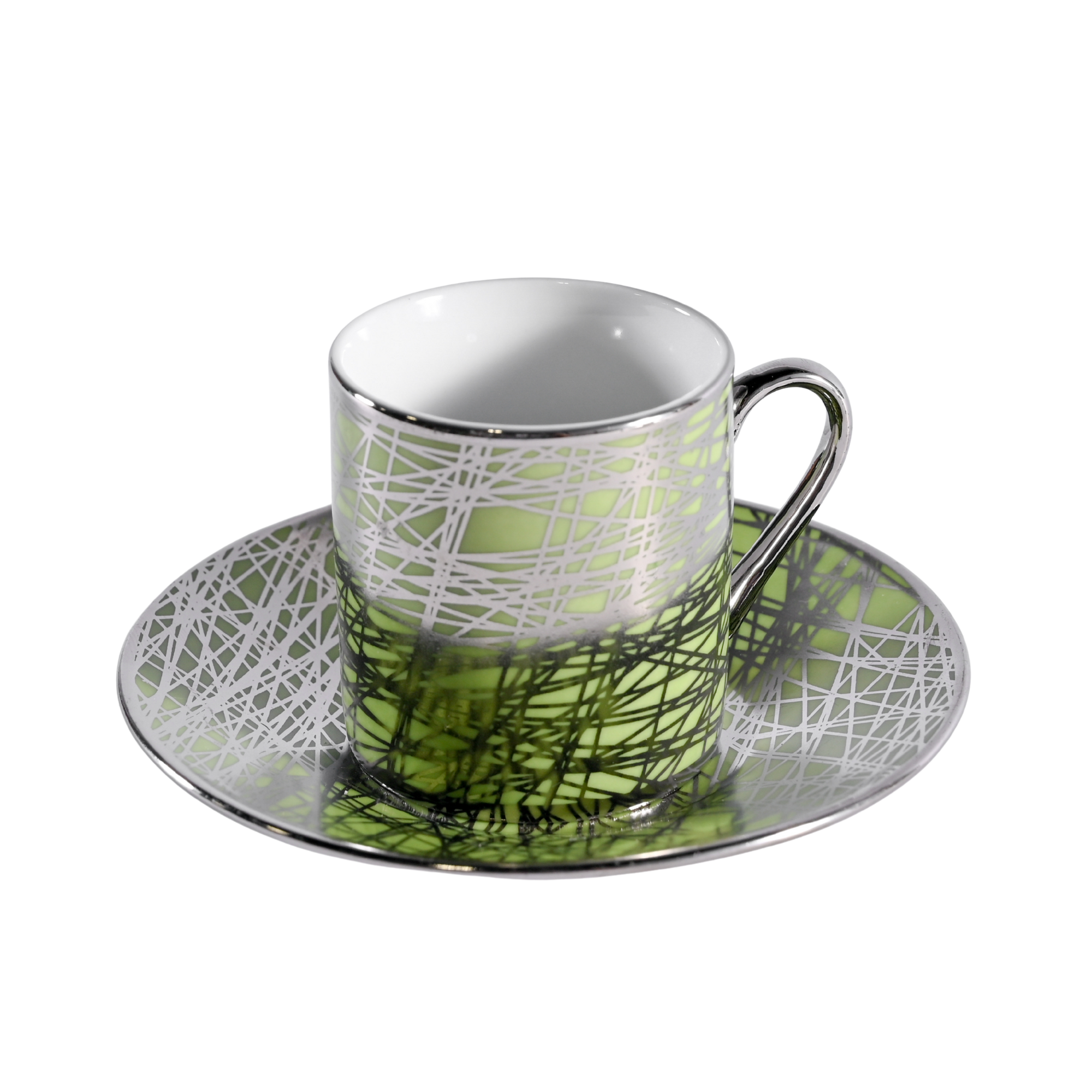 Flora Green demitasse cup and saucer featuring a modern green and silver geometric pattern with metallic detailing and a sleek handle — a stylish set for espresso or after-dinner service.