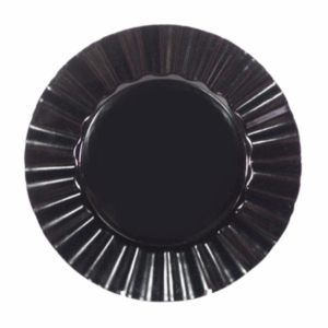 Acrylic Ruffle Charger in Black — 13" round charger plate with a glossy black finish and ruffled edge design, adding bold sophistication and contrast to elegant table settings.