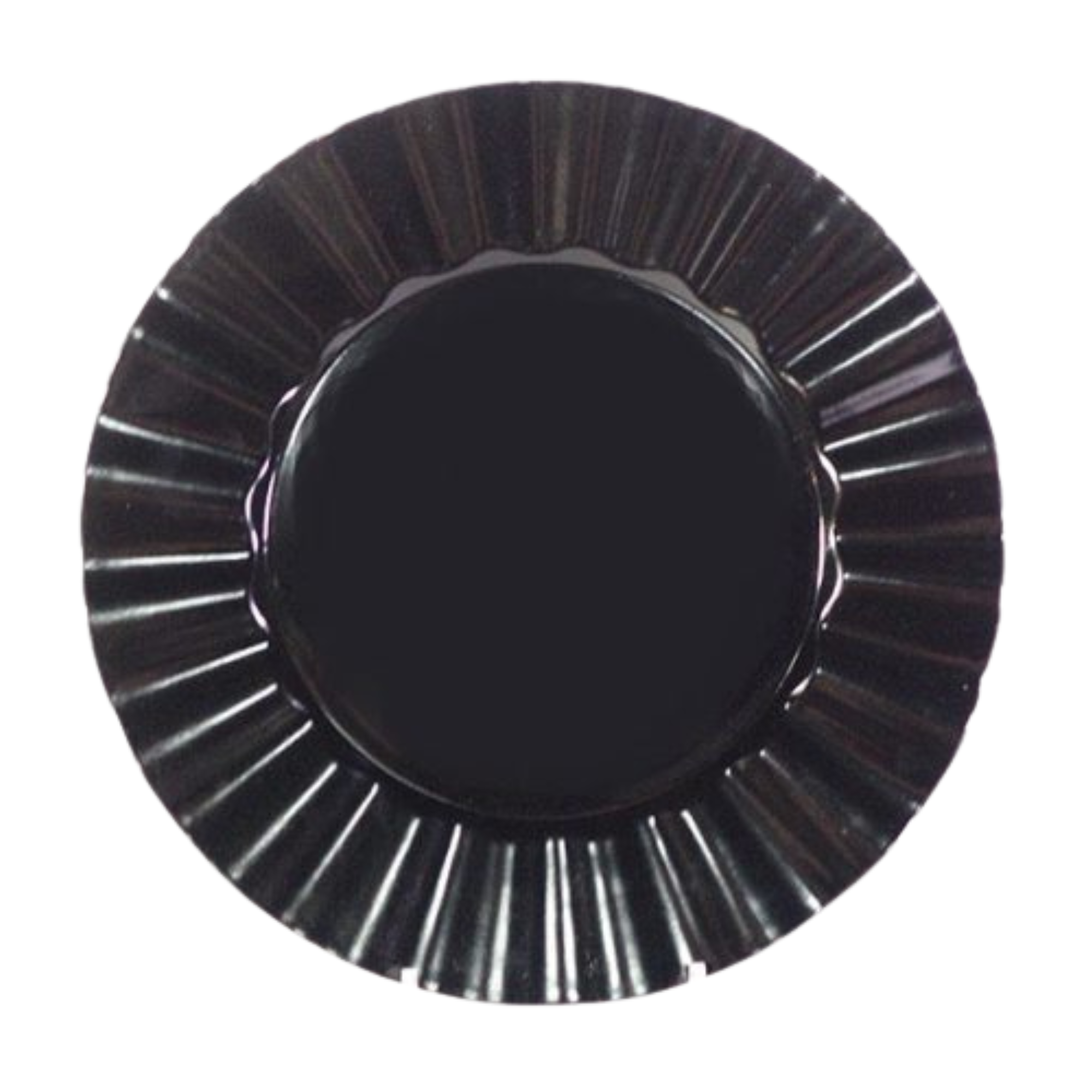 Acrylic Ruffle Charger in Black — 13" round charger plate with a glossy black finish and ruffled edge design, adding bold sophistication and contrast to elegant table settings.