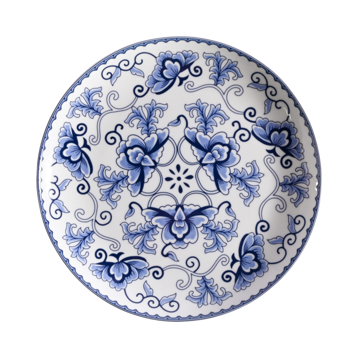 Corsica coupe salad plate featuring intricate blue floral and scrollwork pattern on white porcelain in an 8-inch round design.
