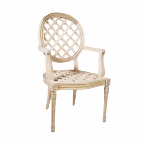 Beatrice Armchair in red oak finish featuring an elegant lattice back design and soft neutral cushion.