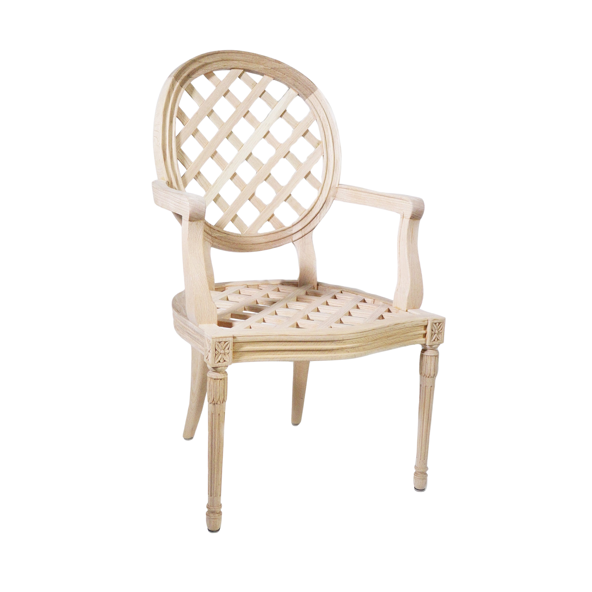 Beatrice Armchair in red oak finish featuring an elegant lattice back design and soft neutral cushion.
