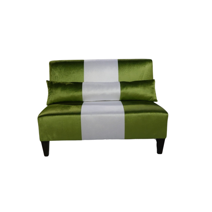 4-foot Etro loveseat with green velvet upholstery and white center stripe detail, featuring a modern armless silhouette and decorative lumbar pillow.