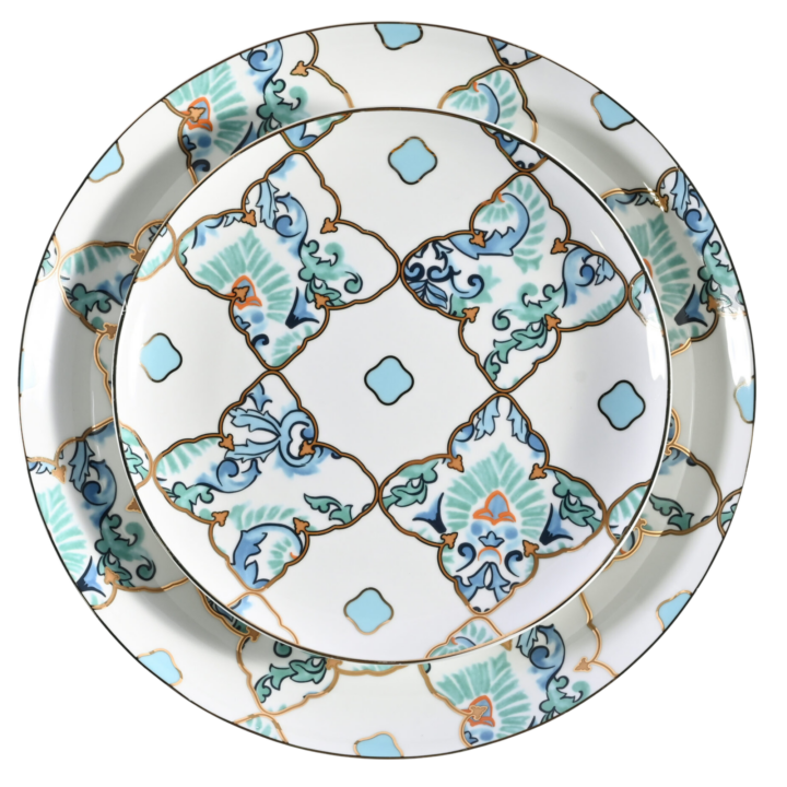 Amalfi china dinner plate and salad plate featuring blue, teal, and soft aqua ornamental pattern with gold detailing on white porcelain.