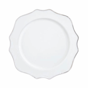 White round plate with a soft scalloped edge and a platinum rim, measuring 8.25 inches. Elegant and timeless, ideal for salads or desserts at sophisticated events.
