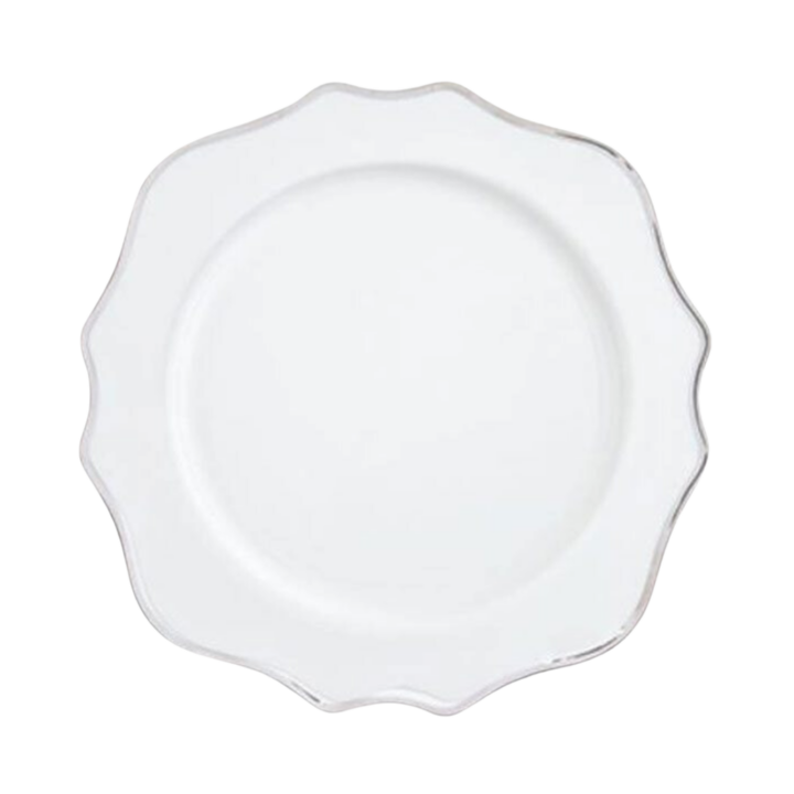 White round plate with a soft scalloped edge and a platinum rim, measuring 8.25 inches. Elegant and timeless, ideal for salads or desserts at sophisticated events.