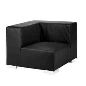 Modern black corner lounge chair with sleek faux leather upholstery and silver block legs, measuring 36 inches wide by 36 inches deep by 29 inches high with a 16-inch seat height. Ideal for modular seating arrangements and contemporary event lounges.