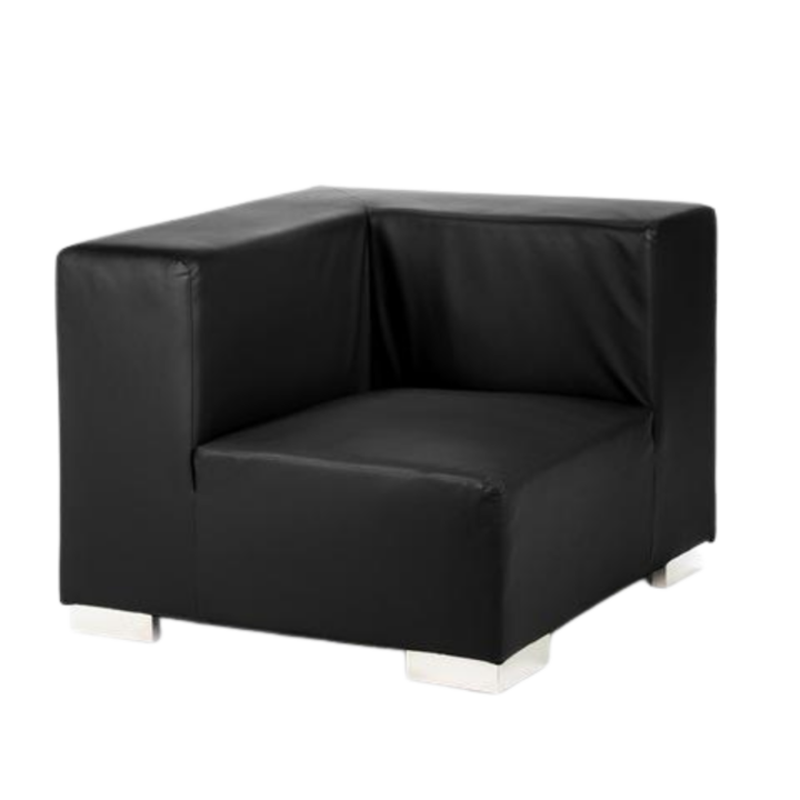 Modern black corner lounge chair with sleek faux leather upholstery and silver block legs, measuring 36 inches wide by 36 inches deep by 29 inches high with a 16-inch seat height. Ideal for modular seating arrangements and contemporary event lounges.