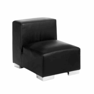 Modern black armless middle lounge chair with sleek faux leather upholstery and silver block legs, measuring 36 inches wide by 24 inches deep by 29 inches high with a 16-inch seat height. Perfect for modular lounge setups or contemporary event seating.