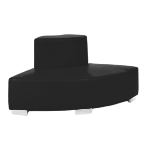 Modern black round lounge seat with a raised center backrest, upholstered in sleek faux leather with silver block legs. Measures 46 inches wide by 46 inches deep by 29 inches high with a 16-inch seat height. Perfect for stylish event seating or modular lounge setups.