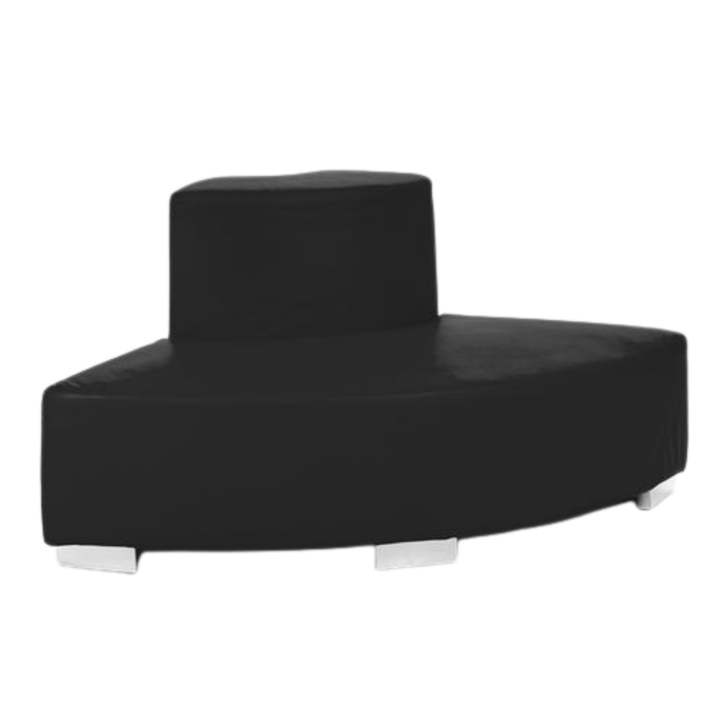 Modern black round lounge seat with a raised center backrest, upholstered in sleek faux leather with silver block legs. Measures 46 inches wide by 46 inches deep by 29 inches high with a 16-inch seat height. Perfect for stylish event seating or modular lounge setups.