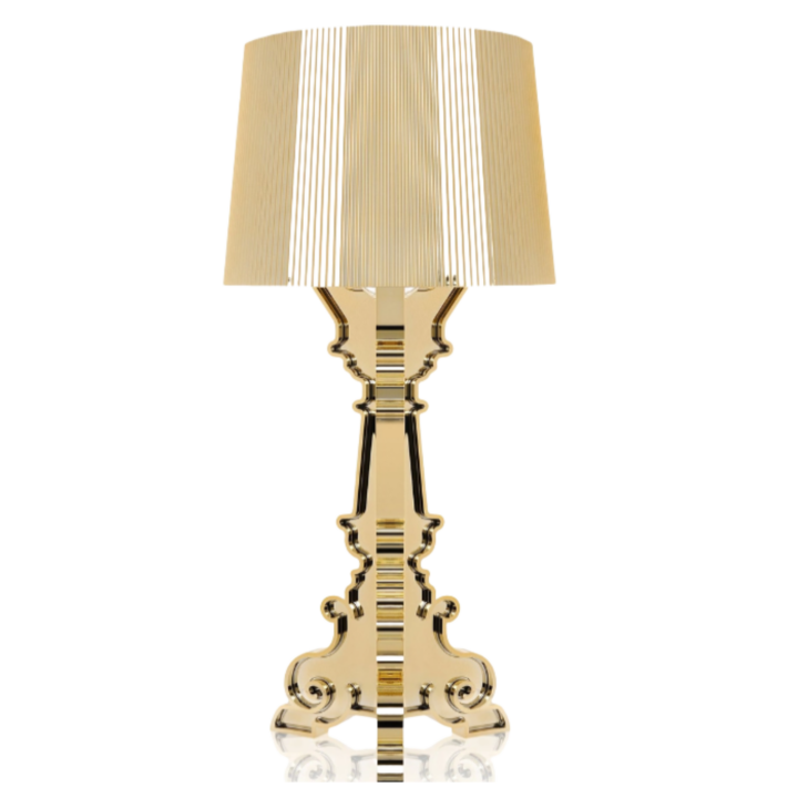 Gold Bourgie table lamp with pleated shade and ornate baroque acrylic base — luxury event table lighting