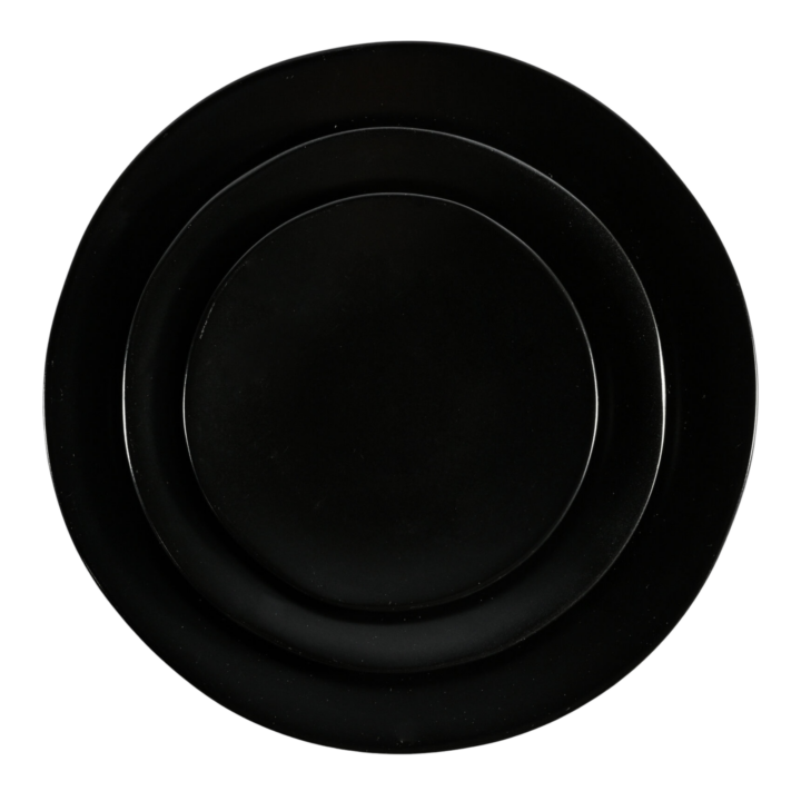 Heirloom charcoal china place setting featuring matte black plates in bread and butter, salad, and dinner sizes — modern elevated event tableware