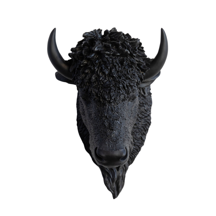 Black taxidermy style bison head wall decor with sculptural horns — bold statement accent for western and modern event styling