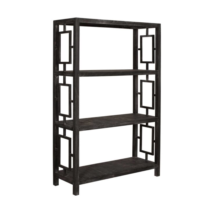 Madison Tall Shelving unit in a black wash finish featuring a geometric square cutout design on the sides and four spacious open shelves. Measuring 47"W x 18"D x 71"H, perfect for displaying décor, glassware, or event styling pieces.