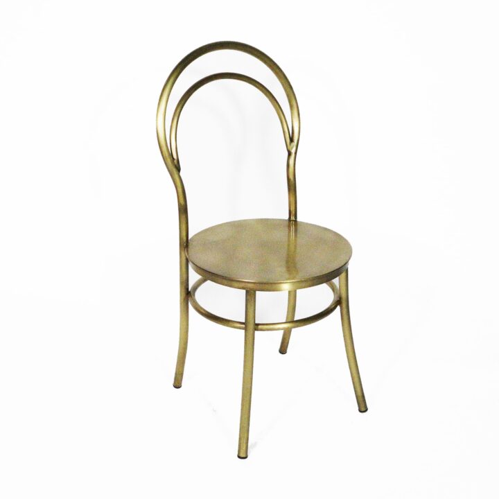 Furano Brass Chair featuring a sleek curved backrest and round seat in a brushed brass finish. This lightweight metal chair offers a modern twist on classic café-style seating, perfect for elegant dining setups, receptions, and event lounges.