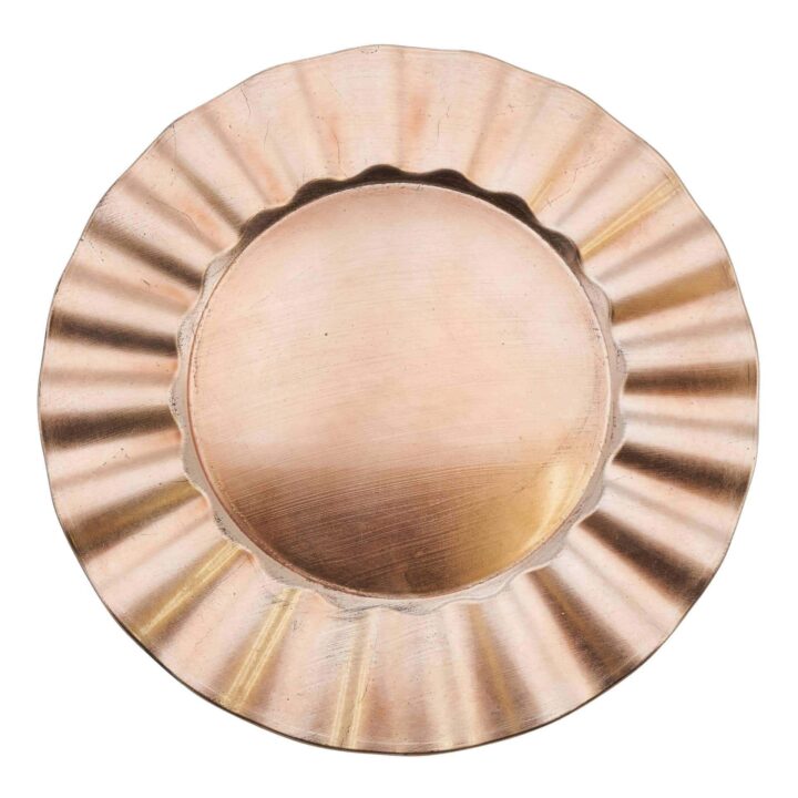 Acrylic Ruffle Charger in Rose Gold — 13" round charger plate with a metallic rose gold finish and ruffled edge design, adding an elegant, modern touch to any table setting.