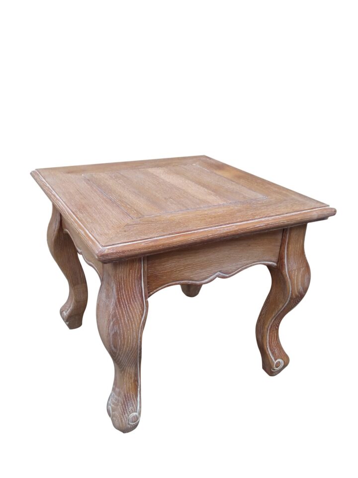Square Provence Leopold side table with carved wood legs and warm rustic finish, 13 by 13 inches and 16 inches tall