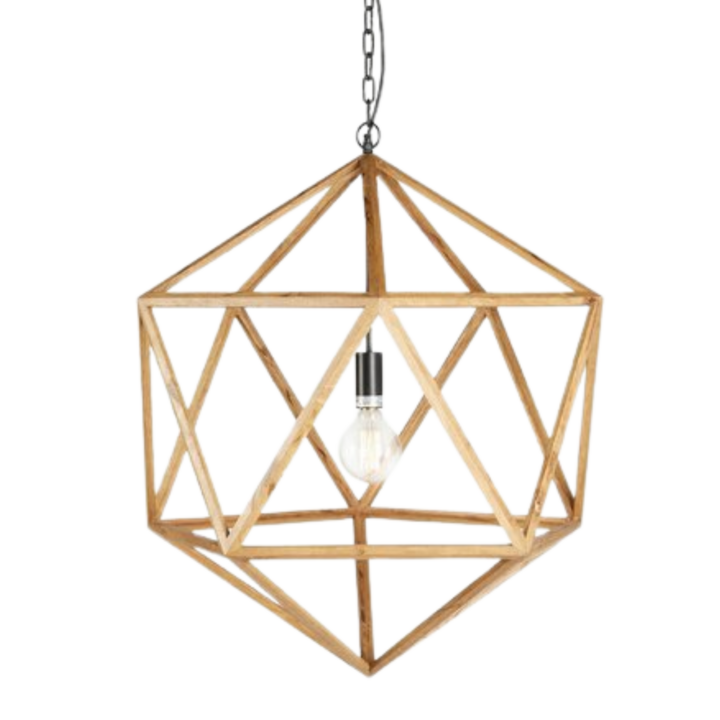 Natural geometric pendant chandelier with exposed bulb — rustic hanging lighting for weddings and events