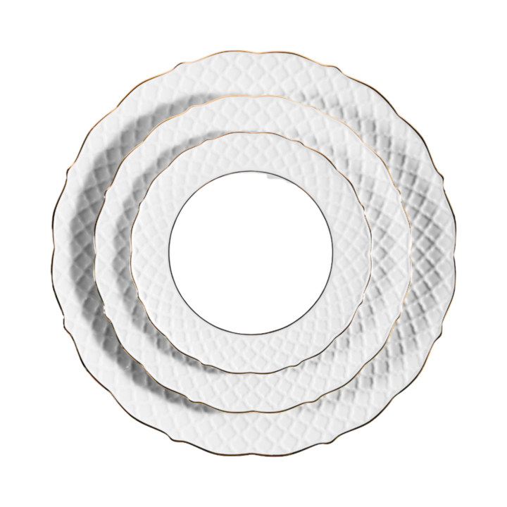 Empire Gold china place setting featuring textured white plates with scalloped edges and gold trim — elegant wedding dinnerware