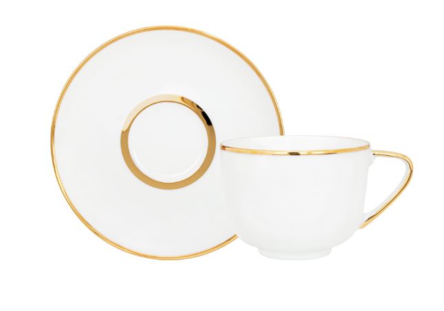 Empire Gold Coffee / Tea Cup and Saucer — elegant white porcelain cup and matching saucer with a refined metallic gold rim and handle detail. Perfect for serving coffee or tea at sophisticated events or fine dining settings.