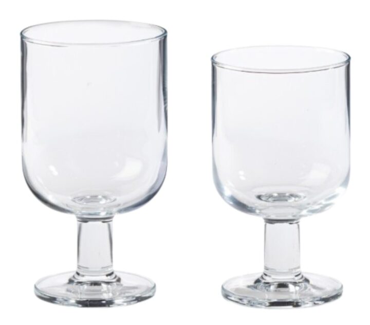 Set of Safra by Casafina wine glasses available in 10 oz and 12 oz sizes. Features a clear, classic goblet shape with a sturdy stem and smooth rounded bowl, ideal for serving red or white wine at events.