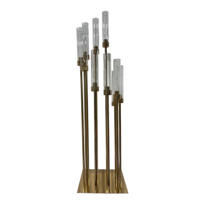 Tall gold 10-arm candelabra with glass hurricane tubes on a square base — modern statement candle holder for weddings and events