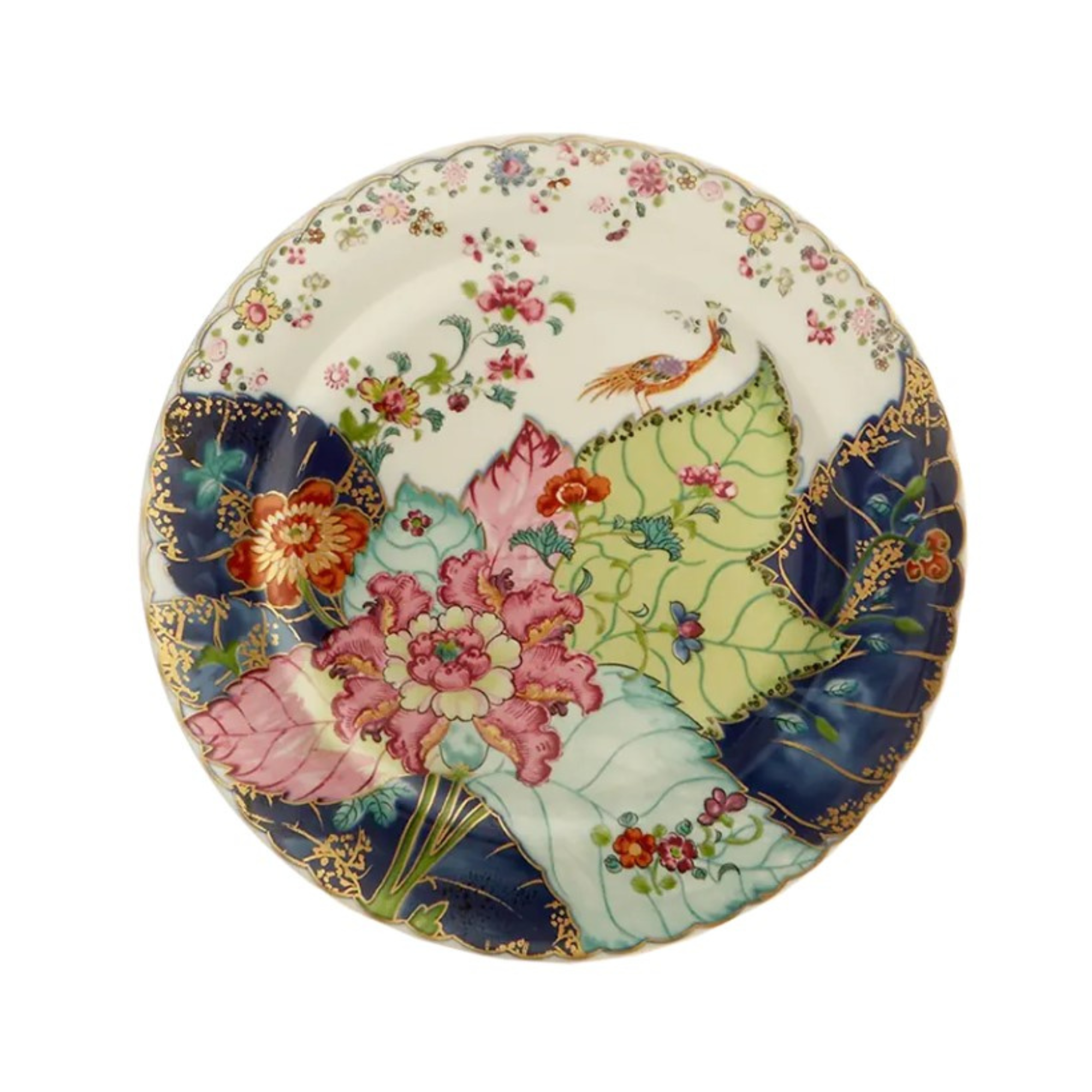 Tobacco Leaf by Mottahedeh Dinnerware — vibrant porcelain plates featuring an intricate hand-painted design of colorful leaves, florals, and a perched phoenix in shades of navy, green, pink, and gold. Available in Dinner Plate (10.5") and Dessert Plate (8.5")