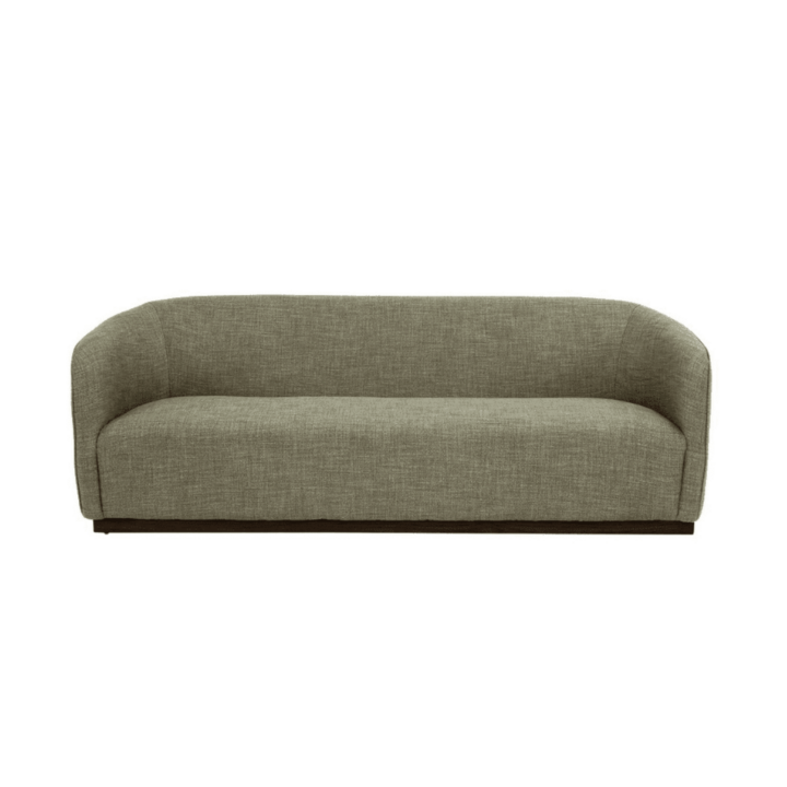Three-seater olive linen sofa with a low wood base and gently curved arms, shown on a white background.
