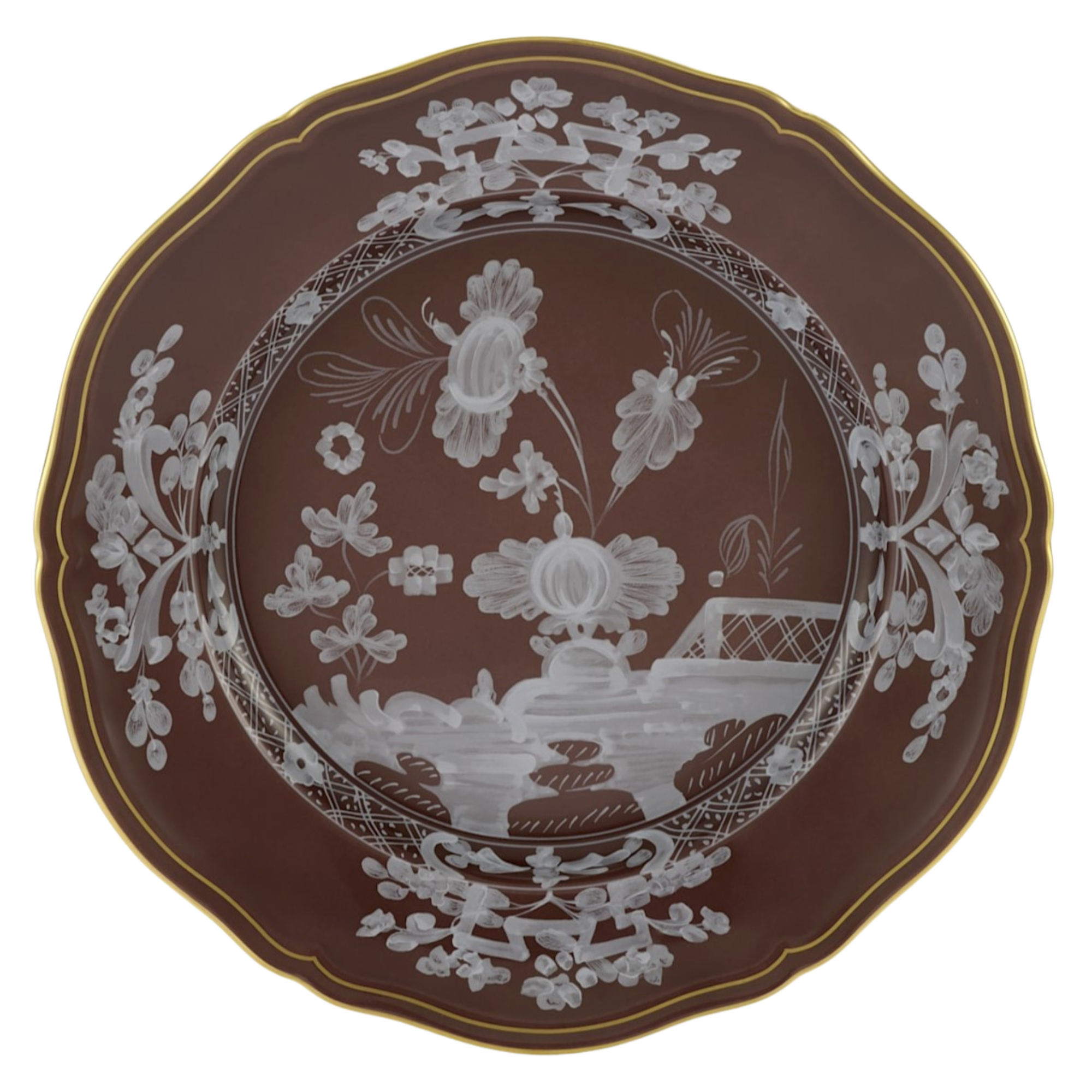 Ginori Oriente Italiano Castagna Plate featuring a rich chestnut brown base adorned with intricate white floral and landscape motifs, finished with a fine gold rim and scalloped edge — an elegant Italian porcelain design.