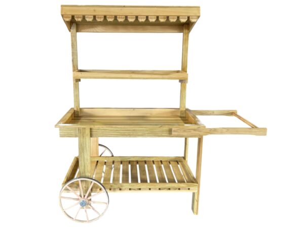 Handcrafted wooden vendor cart with canopy and wheels for catering, parties, and retail displays.