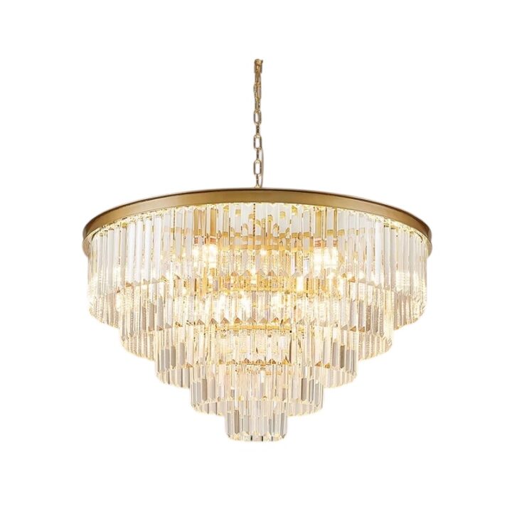 Elegant Crystal AC Gold Chandelier rental with tiered design and clear glass prisms, suspended from a gold chain – luxury lighting fixture for dining rooms, foyers, or living spaces.