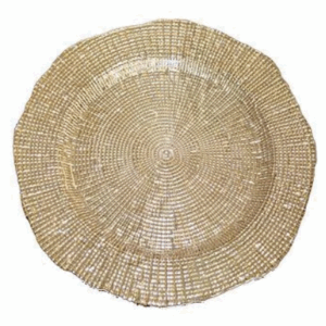Round woven charger plate with a textured wicker design and scalloped edges in a natural beige color.