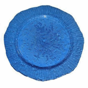 Round infinity charger plate in vibrant blue luster finish, 12.5 inch decorative tableware with textured woven-style design and scalloped edges.