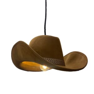 Pendant light fixture designed with a faux suede cowboy hat as the lampshade, featuring a rustic Western style and unique novelty design.