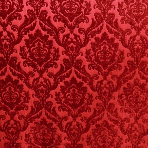 Luxurious Neiman Red Chenille fabric with a rich damask pattern in deep crimson tones, available in 132-inch width for elegant drapery, upholstery, or event décor.