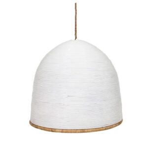 White dome rattan chandelier with natural trim for modern event lighting.