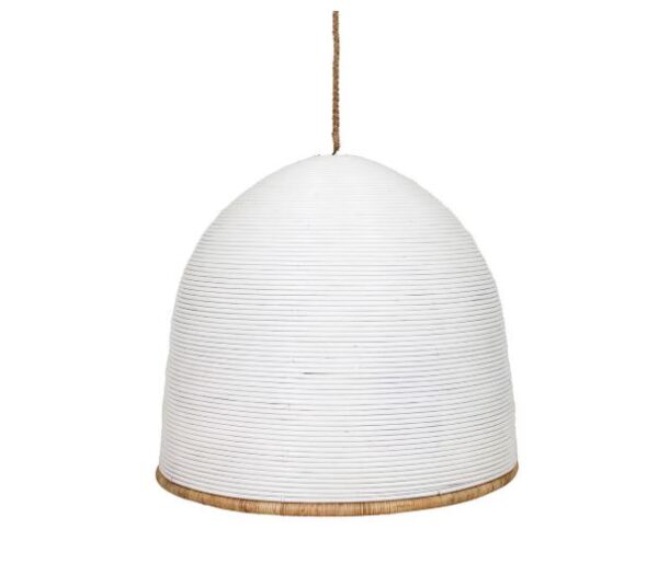 White dome rattan chandelier with natural trim for modern event lighting.