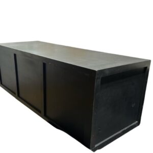 Le Cou Buffet in black with a sleek rectangular design and paneled front. Available in 5'L x 25"W x 33"H and 6'L x 25"W x 33"H sizes. Ideal for catering setups, buffet displays, or event service stations.