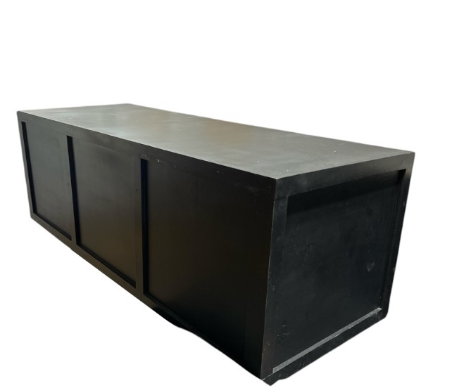 Le Cou Buffet in black with a sleek rectangular design and paneled front. Available in 5'L x 25"W x 33"H and 6'L x 25"W x 33"H sizes. Ideal for catering setups, buffet displays, or event service stations.