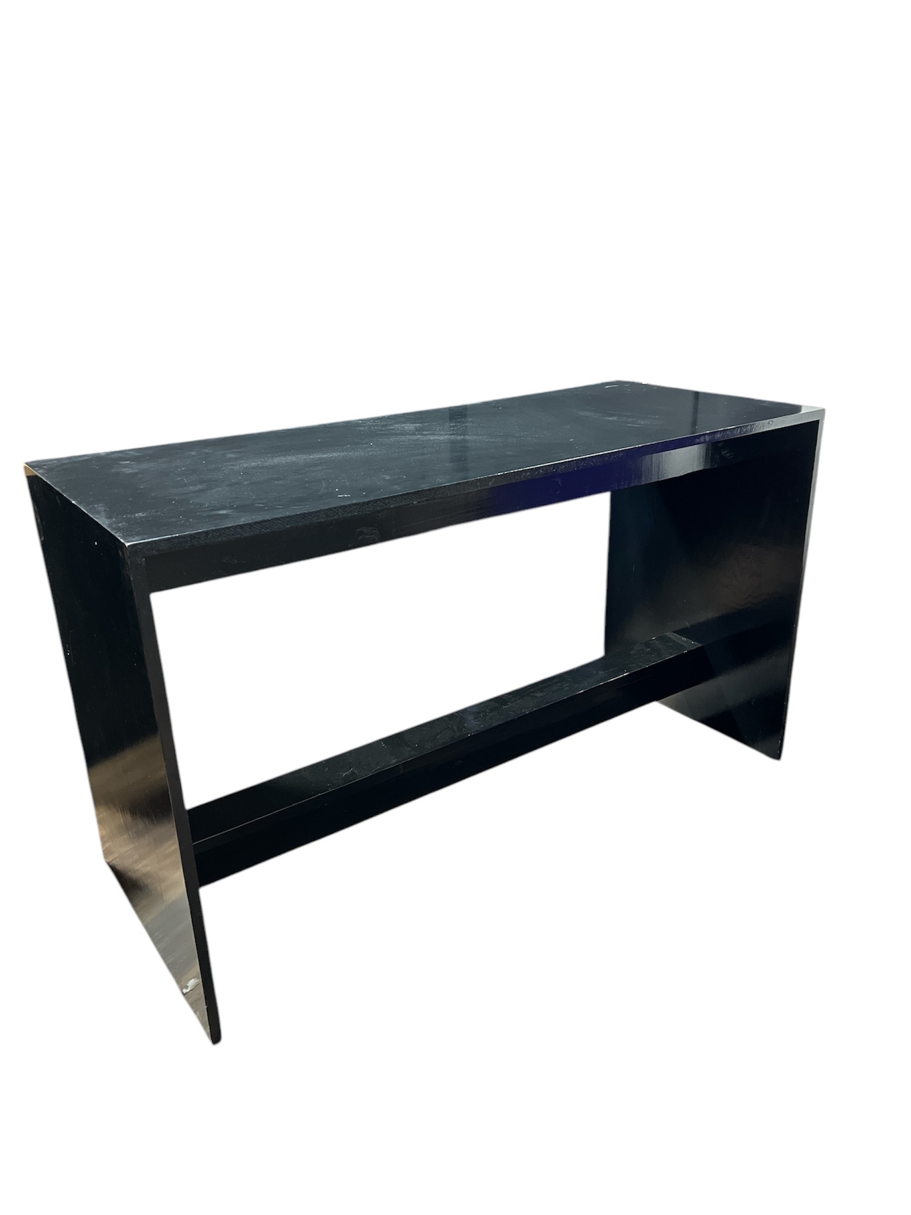 Le Mans Communal Table in black, measuring 6'L x 30"W x 42"H. Features a sleek, modern design with clean lines and a glossy finish, ideal for bar setups, receptions, and contemporary event layouts.